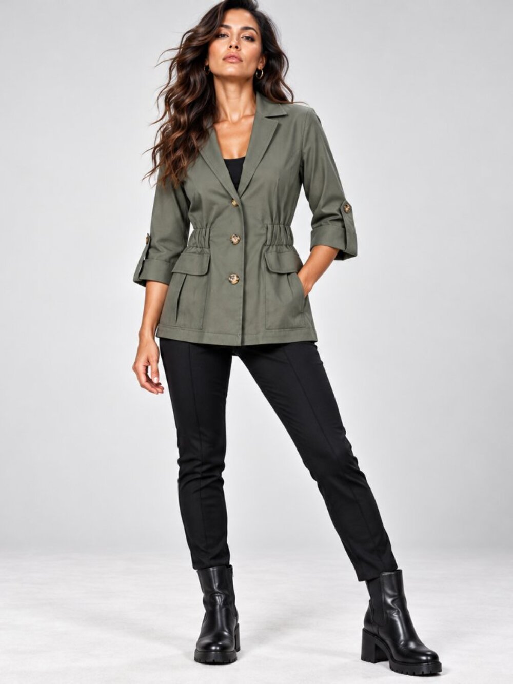 Biancoghiaccio Military Green Tailored Cinched Utility Blazer Jacket 6 S